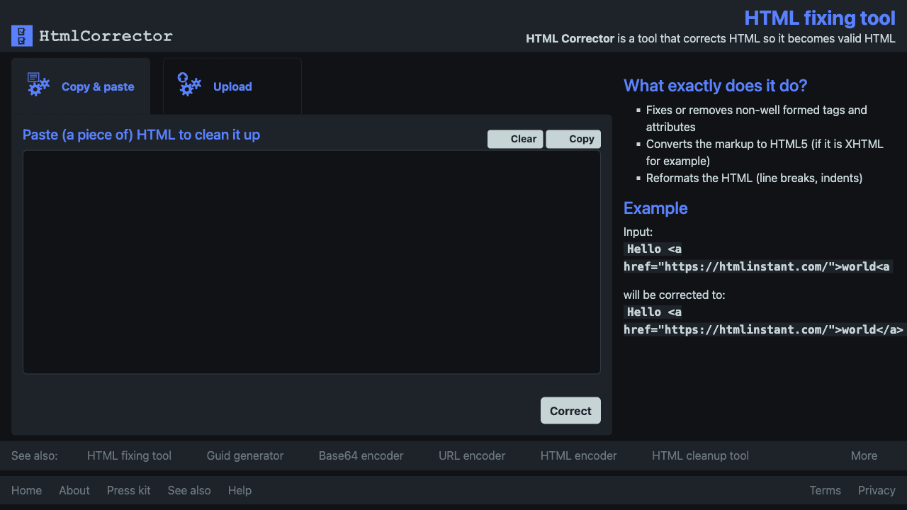 Screenshot of Html Corrector, www.htmlcorrector.com