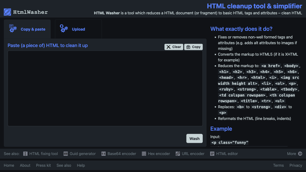 Screenshot of Html Washer, www.htmlwasher.com