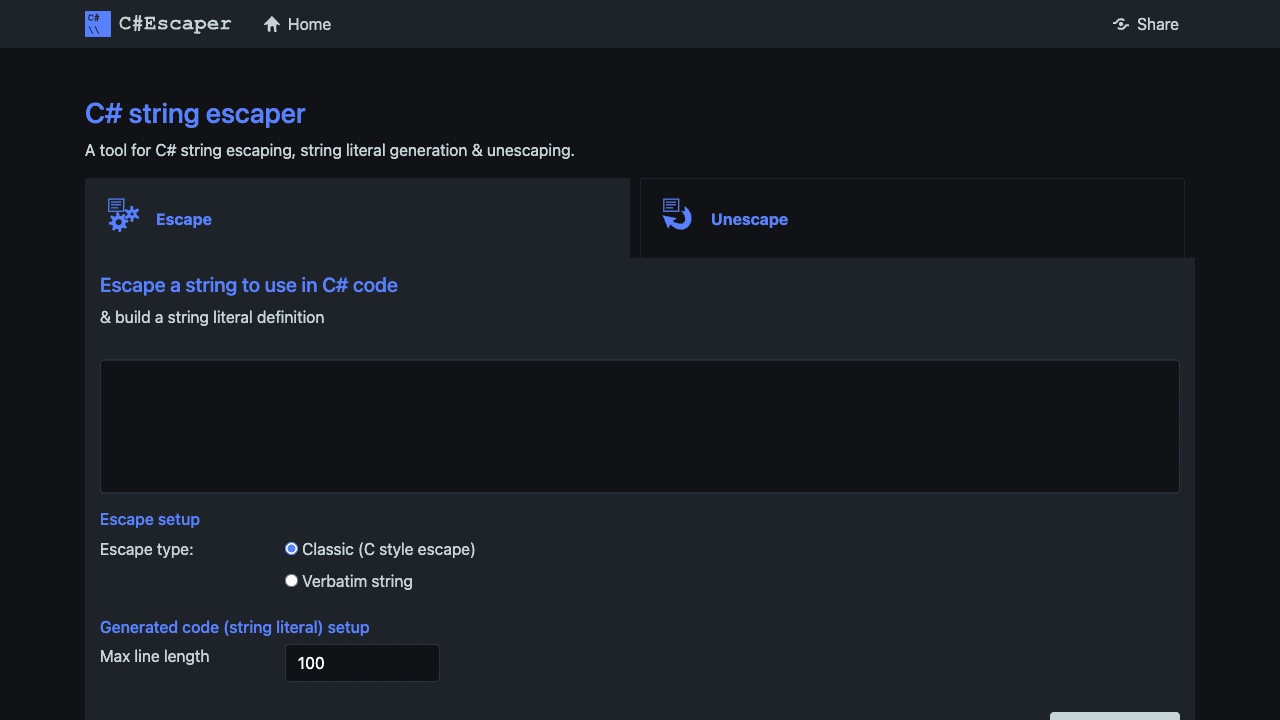 Screenshot of C#Escaper, www.csharpescaper.com